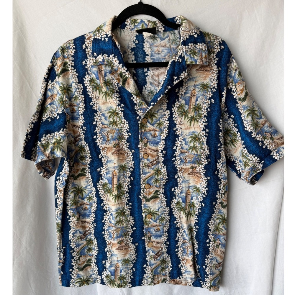 Vintage 100% Cotton ODO Hawaiian Shirt Blue White Floral Resortwear Retro  Large